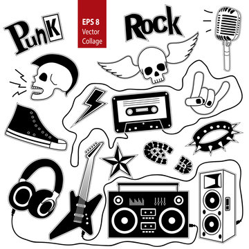 Punk rock music isolated on whete background set. Design elements, emblems, badges, logo and icons. Vector collage.