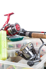 fishing tackles and baits in box