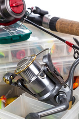 fishing tackles and baits in box