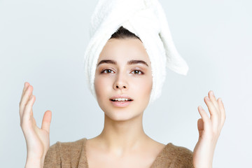 beautiful woman with white towel on his head. Spa Woman. Beautiful Girl After Bath. Perfect Skin. Skincare. Young Skin