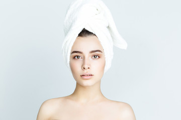 beautiful woman with white towel on his head. Spa Woman. Beautiful Girl After Bath. Perfect Skin. Skincare. Young Skin