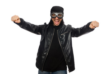 Young man with aviator glasses on white