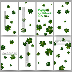 Set of modern flyers. St Patricks day vector background, green clovers on white
