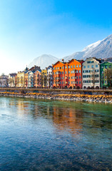  Austria,  Innsbruck, the Mariahilf strasse colored houses on the Inn river  - obrazy, fototapety, plakaty