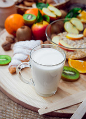 Beautiful breakfast. Milk,fruits, bread