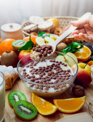 Beautiful breakfast. Milk,fruits, bread