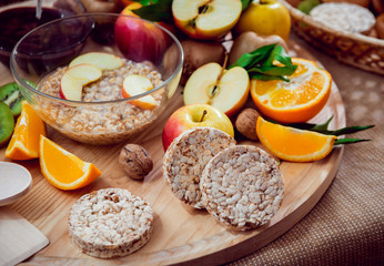 Beautiful breakfast. Milk,fruits, bread