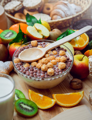 Beautiful breakfast. Milk,fruits, bread