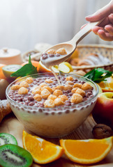 Beautiful breakfast. Milk,fruits, bread