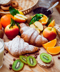 Beautiful breakfast. Milk, bread and croissant.