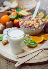 Beautiful breakfast. Milk,fruits, bread
