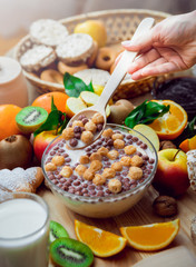 Beautiful breakfast. Milk,fruits, bread
