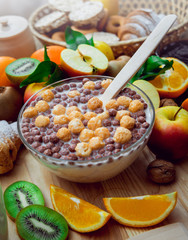 Beautiful breakfast. Milk,fruits, bread