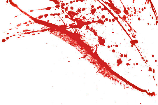 Blood splatter, red acrylic paint splash background texture grunge. Blood splash, spray. Abstract acrylic hand painted splash. Murder and killing. Close up.