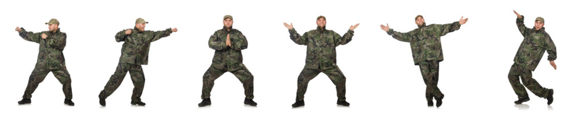 Fototapeta premium Young man in soldier uniform isolated on white