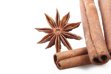 cinnamon stick and star anise spice on the white