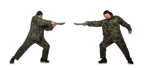 Young man in soldier uniform holding knife isolated on white