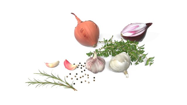 Onions, garlic, pepper and spices isolated on white background