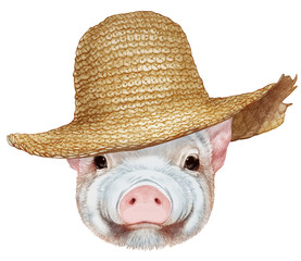 Portrait  of Piggy with straw hat. Hand-drawn illustration, digitally colored.