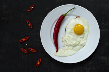 Fried eggs on white plate with red hot pepper on black background