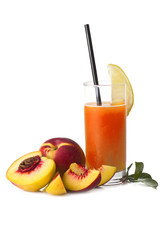 Glass of peach juice isolated on white