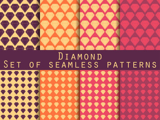 Jewelry. Set of seamless patterns with diamonds. The faceted diamond. The pattern for wallpaper, bed linen, tiles, fabrics, backgrounds. Vector illustration.