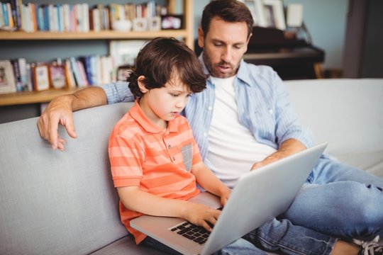 Father and son using laptop while sitting on sofa