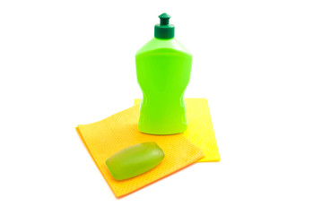 Fototapeta premium bottle, rags and green soap