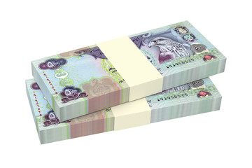 United Arab Emirates dirhams bills isolated on white background. Computer generated 3D photo rendering.