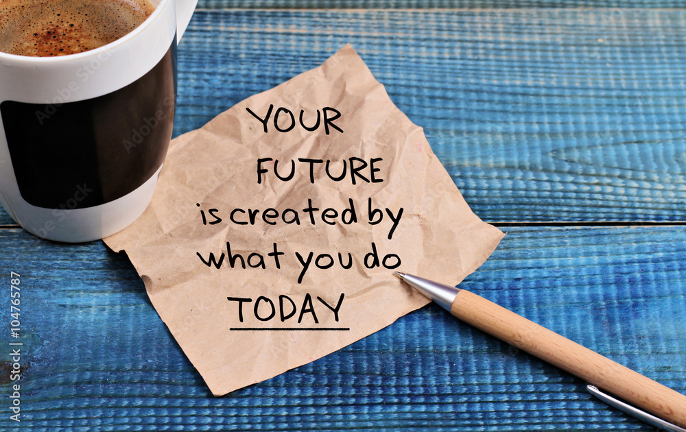 Wall mural inspiration motivation quotation your future is created by what you do today and cup of coffee