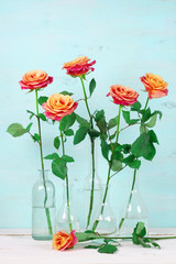 Pink roses in glass bottles