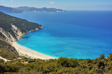 View of beautiful Myrtos bay road to beach, Kefalonia, Ionian islands, Greece