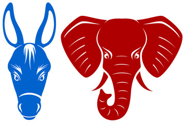 Vector illustration of a donkey and an elephant, representing the Democratic and Republican political parties of the United States.