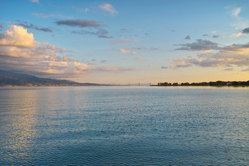 Sunset over The cable bridge between Rio and Antirrio view from Nafpactos, Patra, Western Greece