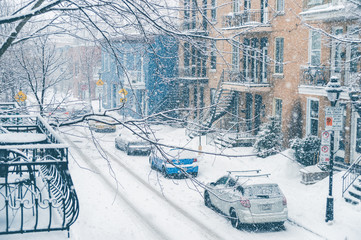 Montreal, CA, 7th March 2016. Berri Street during snow storm