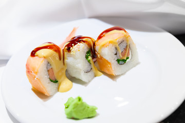 Traditional Japanese sushi rolls with salmon