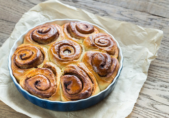 Cinnamon rolls on the wooden background