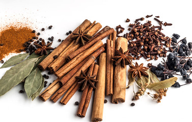 Variety of spices on a white background
