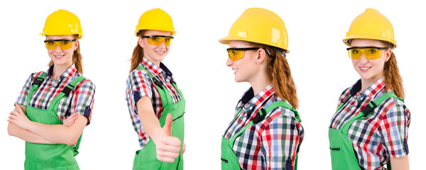Woman in green coveralls isolated on white