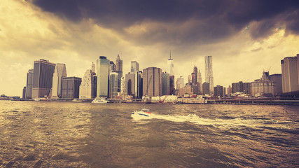 Retro stylized speedboat in front of NYC waterfront.
