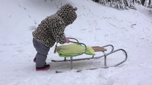 Happy baby girl push sledge on snow in winter park. Handheld panorama closeup shot. 4K
