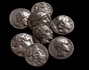 Pile of ancient silver greek coins top view