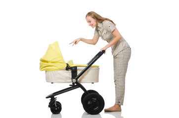 Woman with baby and pram isolated on white