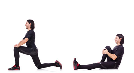 Young man doing exercises on white