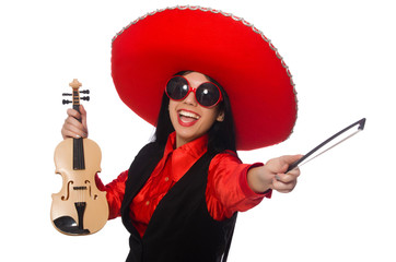 Mexican woman with violin isolated on white