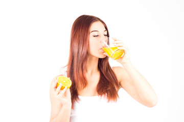 Healthy happy woman drink orange juice. Healthy and right food.