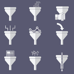 Filter icons, data filter, data tunnel icons set, analysis concept