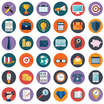 Flat icons design modern vector illustration big set of various financial service items, web and technology development, business management symbol, marketing items and office equipment on background