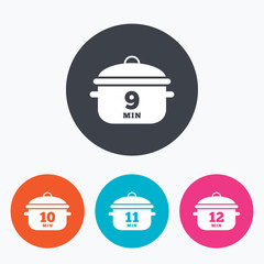 Cooking pan icons. Boil nine, twelve minutes.
