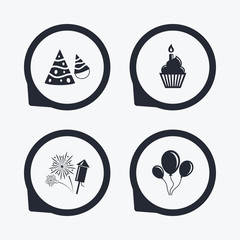 Birthday party. Cake, balloon, hat and fireworks